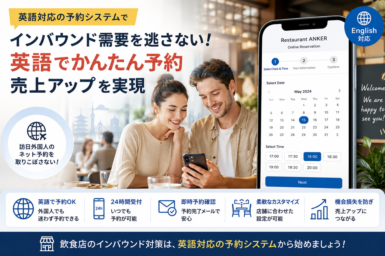 英語対応の予約システムでインバウンド需要を逃さない・英語でかんたん予約・売上アップを実現