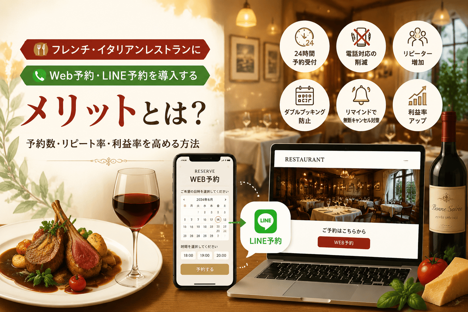 電話と予約帳でコース・席の管理やドタキャン対応に追われていたイタリアンレストランが、予約システム「リピタス」で予約・事前決済・記念日対応を仕組み化する物語（紹介漫画）