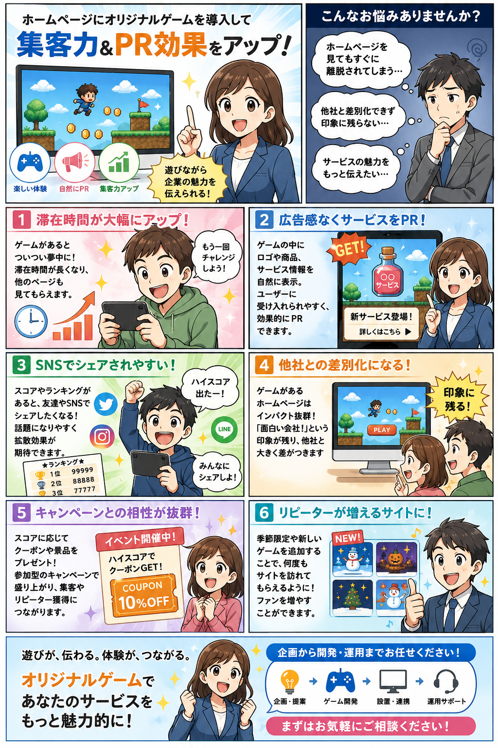 株式会社アンカーリンクのオリジナルPRゲームが、販促・イベント・採用の場面でどのように活用されるかを描いた紹介漫画