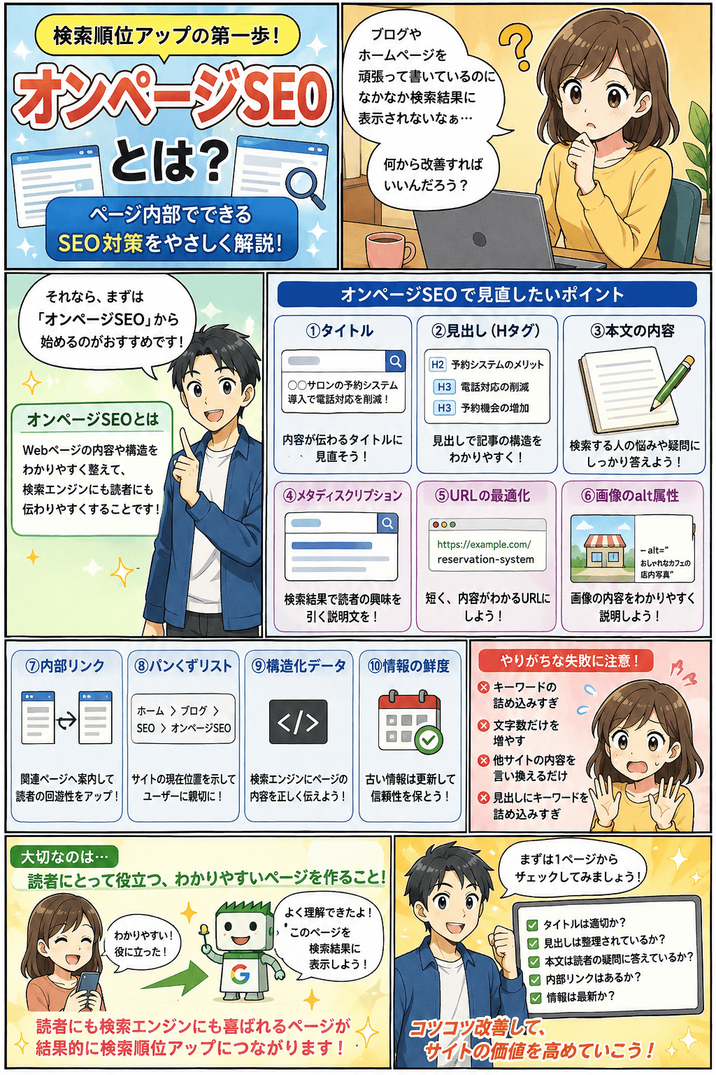 ブログやホームページが検索結果に出ず悩む店主に、タイトル・見出し・本文・メタディスクリプション・URL・alt属性・内部リンク・パンくず・構造化データ・情報の鮮度という10のオンページSEOポイントと、キーワード詰め込みなどやりがちな失敗を解説する紹介漫画