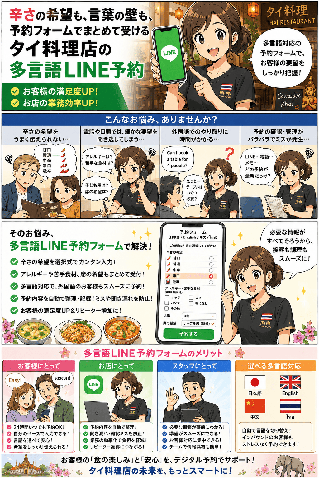 辛さの希望をうまく伝えられない・電話や口頭では細かな要望を聞き逃す・外国語でのやり取りに時間がかかる・予約の確認や管理がバラバラでミスが出るというタイ料理店の悩みを、日本語／英語／中国語／タイ語に対応した多言語LINE予約フォームで解決し、辛さやアレルギー・席の希望を選択式で受け付けて、お客様・お店・スタッフそれぞれのメリットにつながるまでを描いた紹介まんが