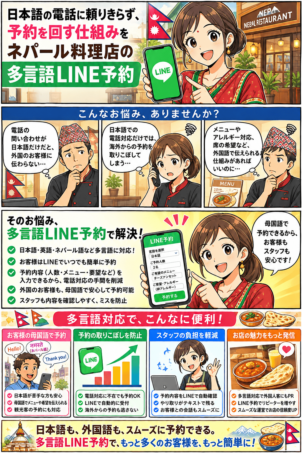 電話の問い合わせが日本語だけだと外国のお客様に伝わらない・日本語での電話対応だけでは海外からの予約を取りこぼす・メニューやアレルギー対応、席の希望を外国語で伝えられる仕組みがほしいというネパール料理店の悩みを、日本語・英語・ネパール語などに対応した多言語LINE予約で解決し、人数やメニュー・要望を事前に受け取って、お客様の母国語での予約・取りこぼし防止・スタッフの負担軽減・お店の魅力発信につながるまでを描いた紹介まんが