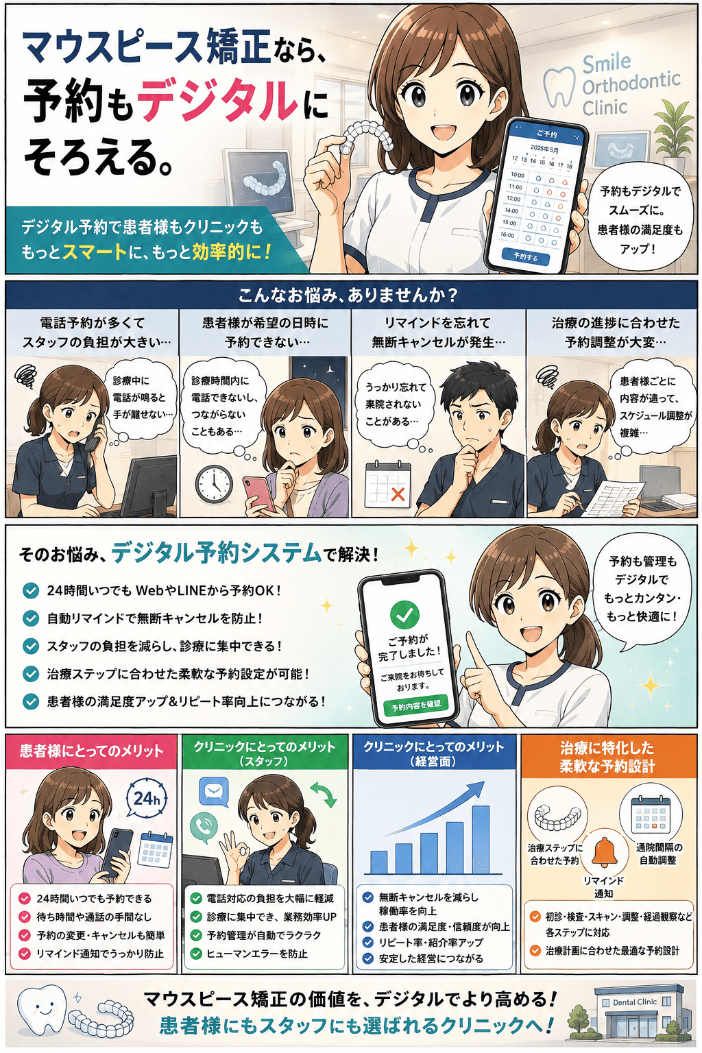 電話予約が多くスタッフの負担が大きい・患者様が希望の日時に予約できない・リマインド忘れで無断キャンセルが起きる・治療の進捗に合わせた予約調整が大変というマウスピース矯正クリニックの悩みを、24時間受付のWeb／LINE予約と自動リマインド、治療ステップに合わせた柔軟な予約設計で解決し、患者様・スタッフ・経営それぞれのメリットにつながるまでを描いた紹介まんが
