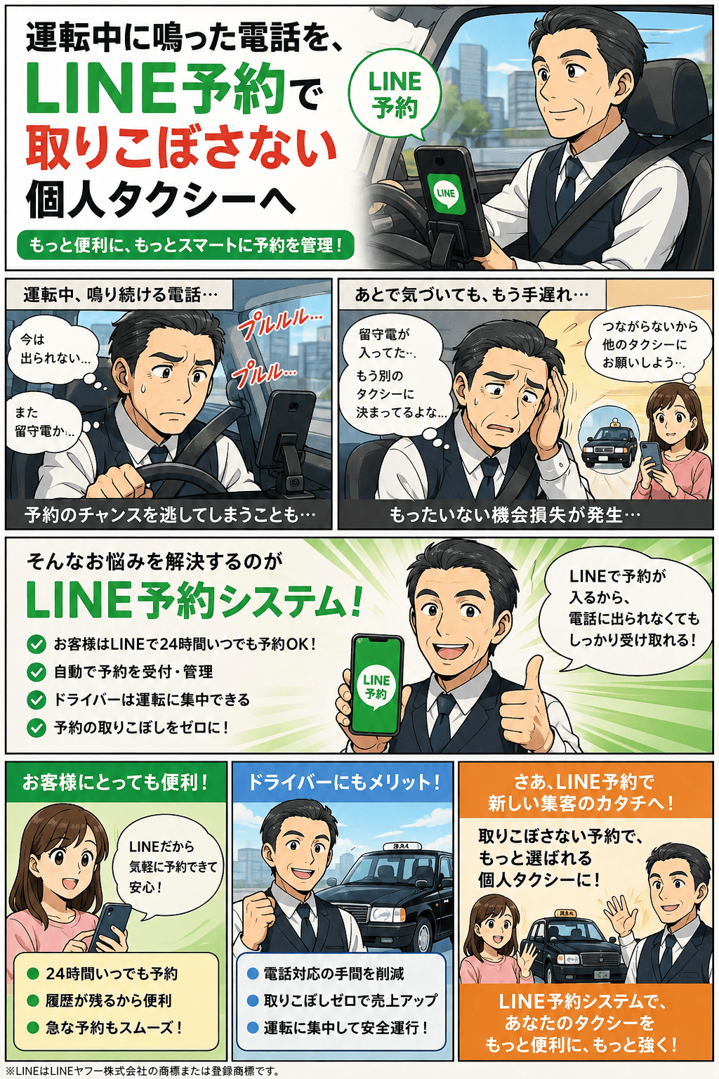 運転中に鳴り続ける電話に出られず、留守電に気づいたときには他のタクシーに予約が決まっていた個人タクシー運転手が、お客様が24時間LINEで予約でき自動で受付・管理されるLINE予約システムを導入し、電話対応の手間を減らして運転に集中しながら予約の取りこぼしをゼロにする紹介漫画