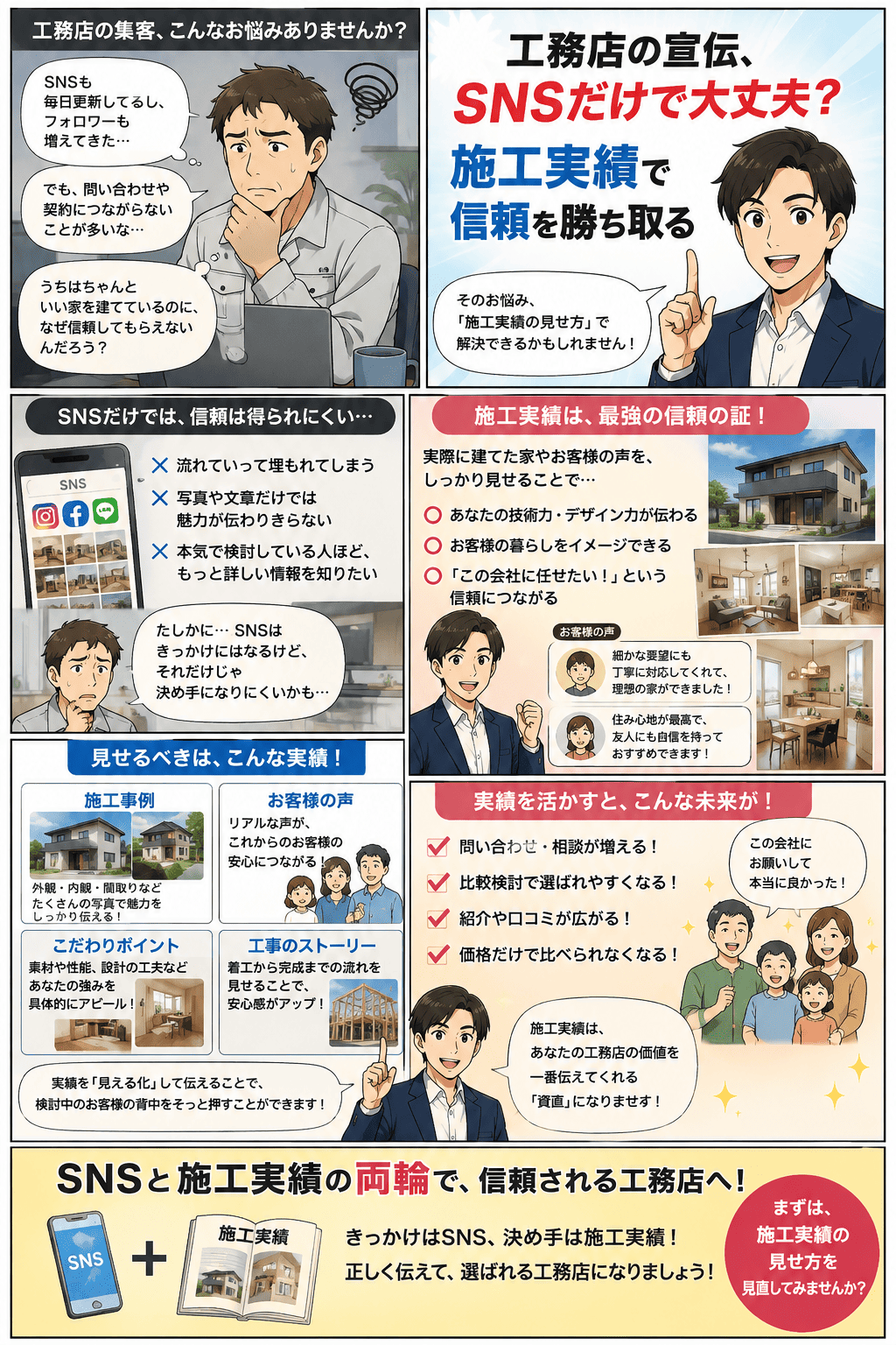 SNSを毎日更新してフォロワーは増えたのに問い合わせや契約につながらず悩む工務店の経営者に、SNSは流れて埋もれ本気で検討する人ほど詳しい情報を求めること、施工事例・お客様の声・こだわりポイント・工事のストーリーといった施工実績をホームページで見せることで技術力が伝わり比較検討で選ばれ価格だけで比べられなくなることを解説し、SNSと施工実績の両輪で信頼される工務店を目指す紹介漫画