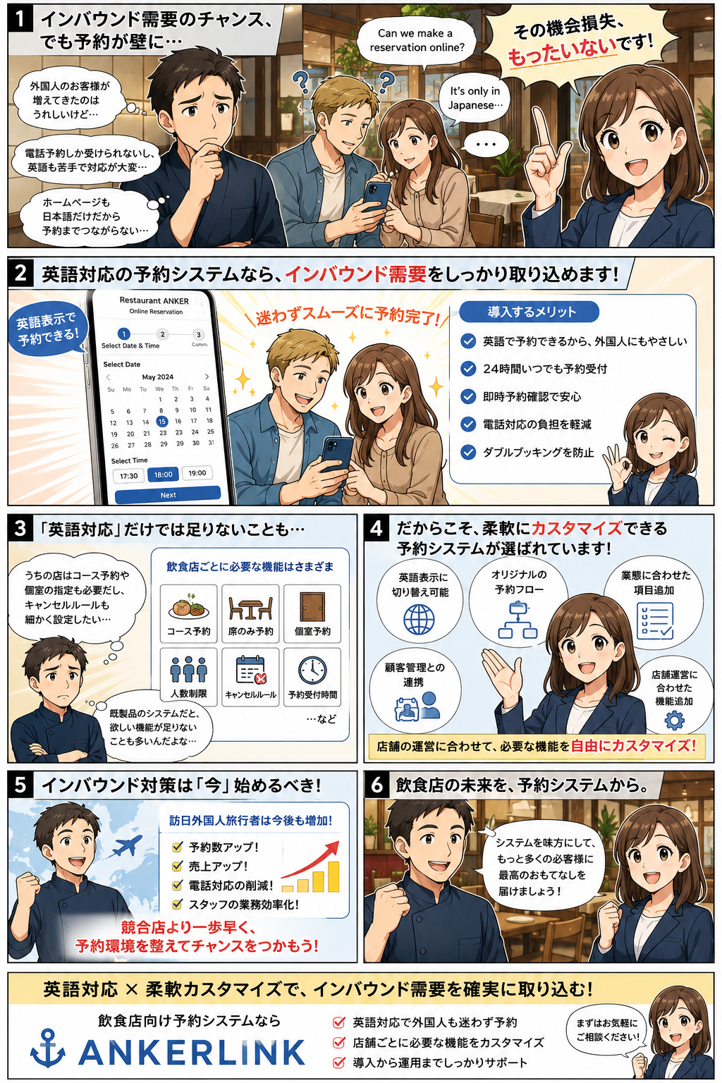 英語対応の予約システムで飲食店がインバウンド需要を取り込む様子を描いた漫画