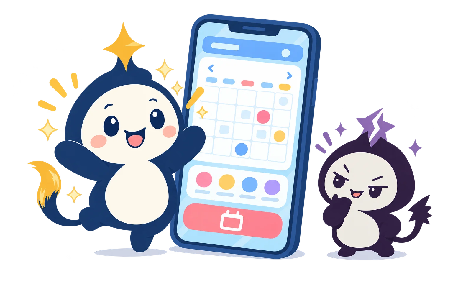 スマホの予約ページをはさんで向かい合う、リピタスの公式キャラクター「リピィ」と「ダークリピィ」