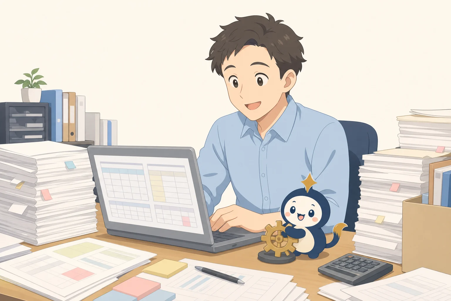 書類の山に囲まれた事務員がPCの自動化された表を見てほっとし、リピィが歯車を回している