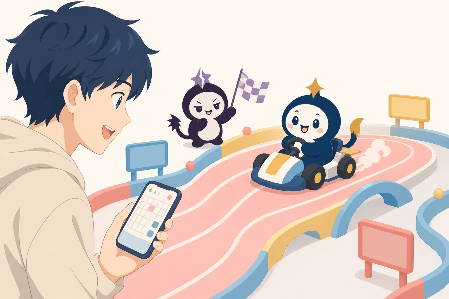 レースカートに乗ったリピィがコースを走り、看板の横でダークリピィが旗を振る。若者がスマホで遊んでいる