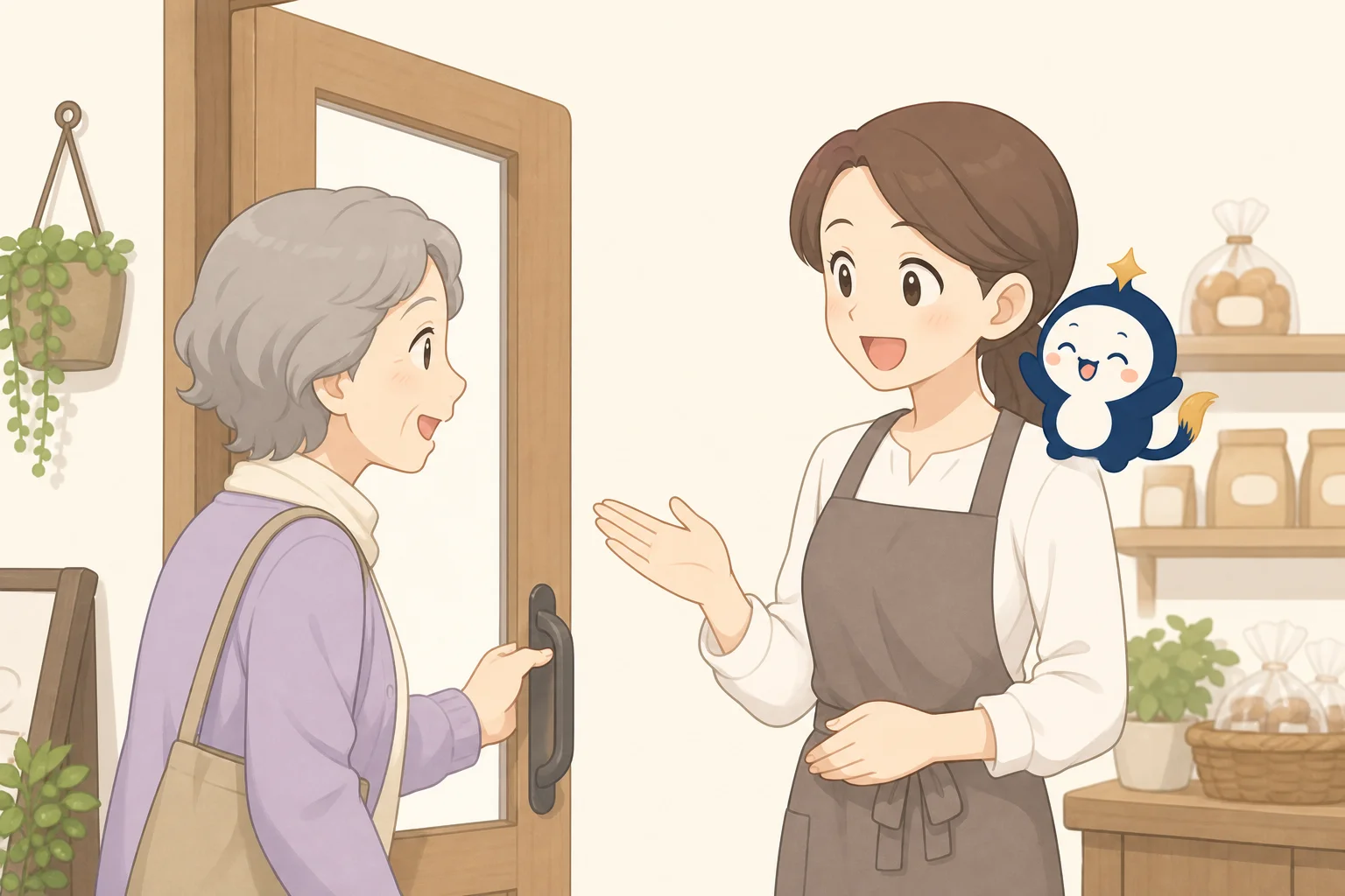 お店の入口で常連のお客様を、店主と公式キャラクターのリピィが「おかえりなさい」と迎えている