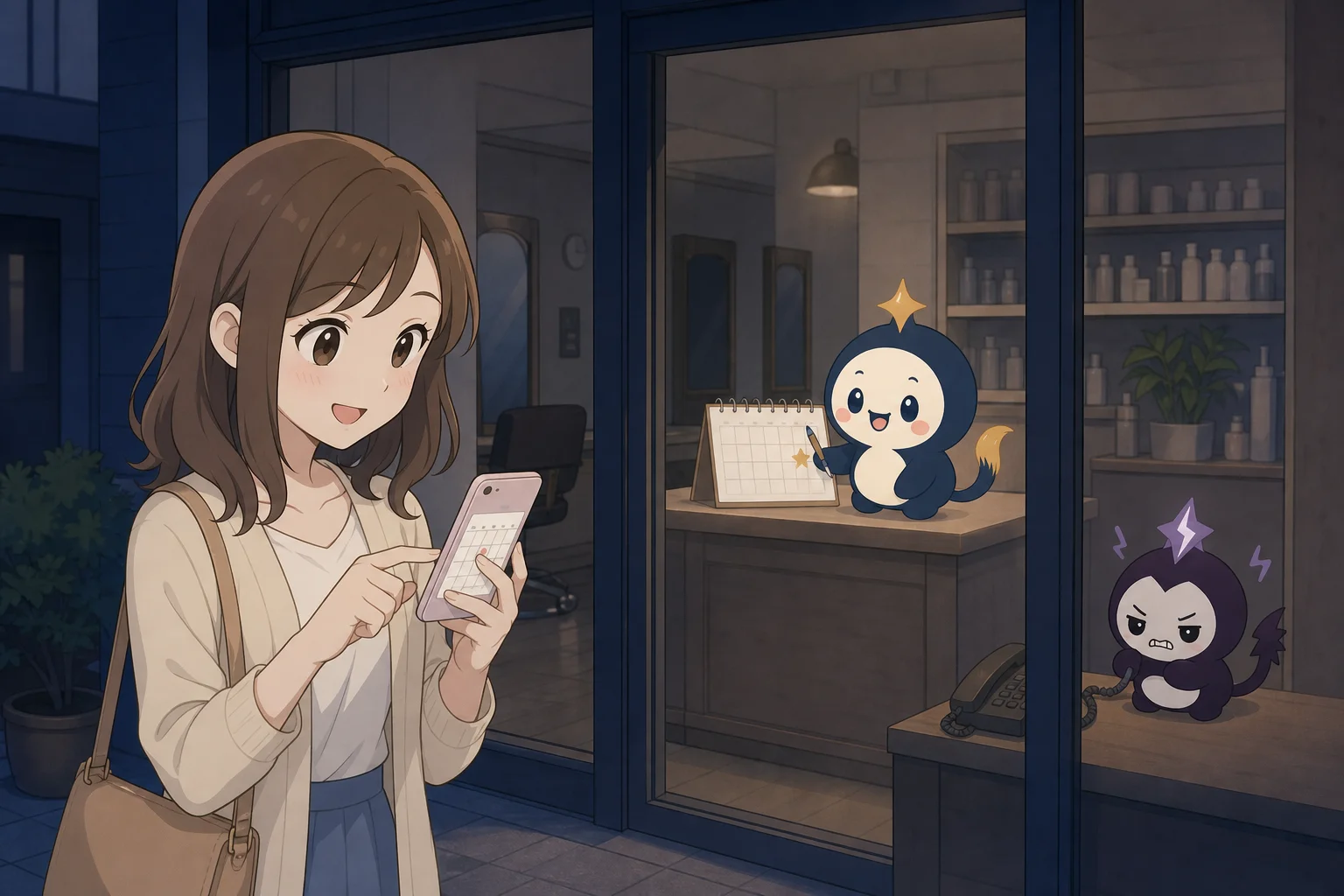 閉店後の夜、お客様がスマホから予約し、店内ではリピィがカレンダーに印を付けている。電話機のそばでダークリピィが悔しがる